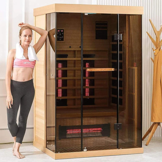 Thermora Luxury 2-Person Low EMF FAR Infrared Heat Wood Home Personal Spa Sauna W/ Panoramic Tempered Glass, 2000W (SAK27481)