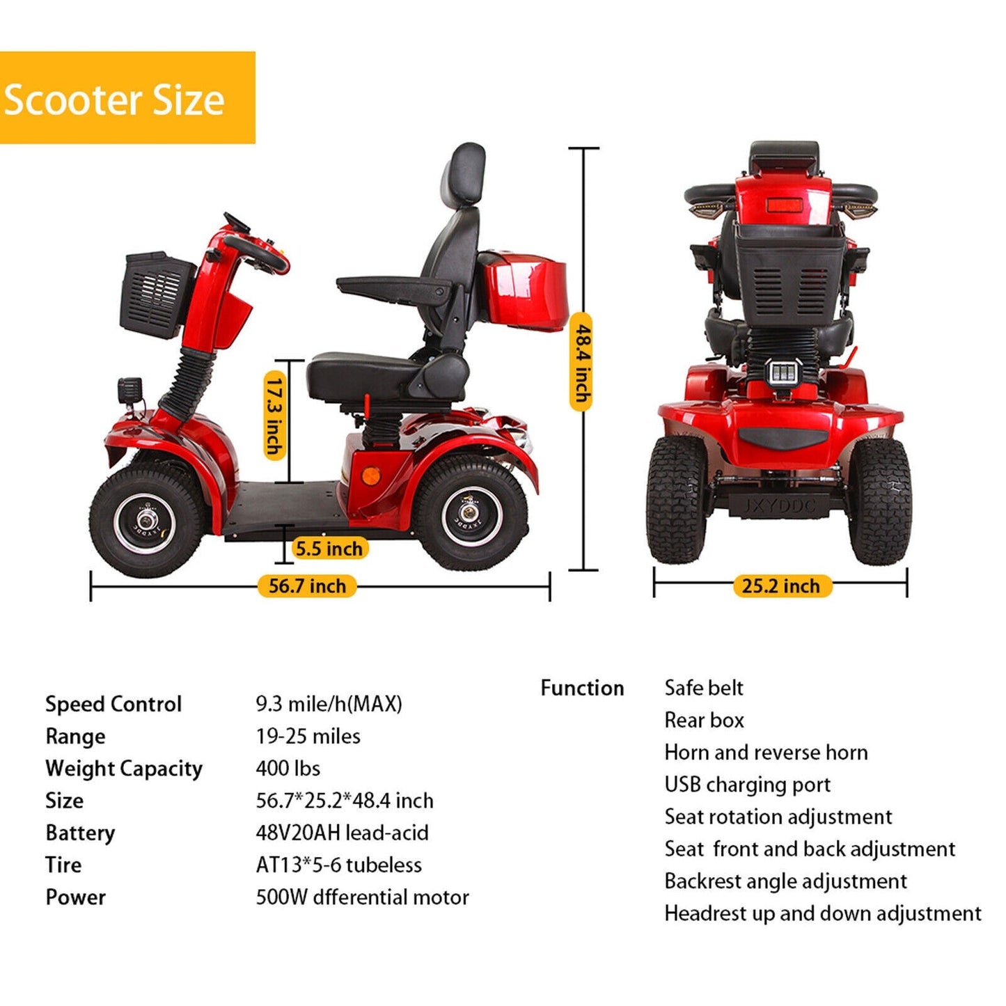 Zvg 4-Wheel Heavy-Duty 48V20AH Electric All-Terrain Mobility Scooter, 500W (SAK93647)
