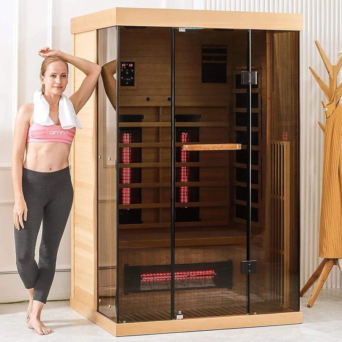 Thermora Luxury 2-Person Low EMF FAR Infrared Heat Wood Home Personal Spa Sauna W/ Panoramic Tempered Glass, 2000W (SAK27481)