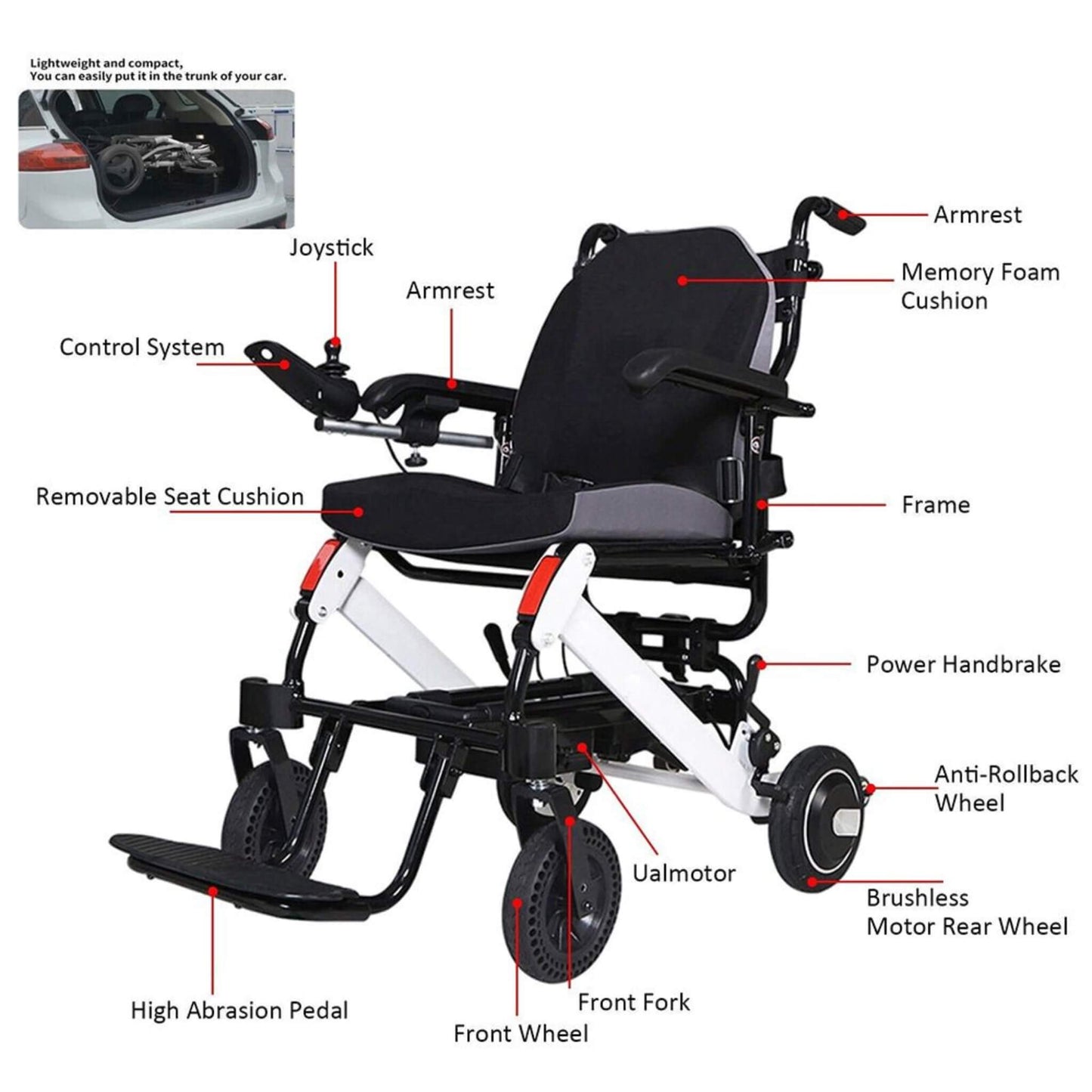 Maidesite 17.5-Inch Wide Seat Lightweight Electric Folding Wheelchair, 500W (SAK33689)