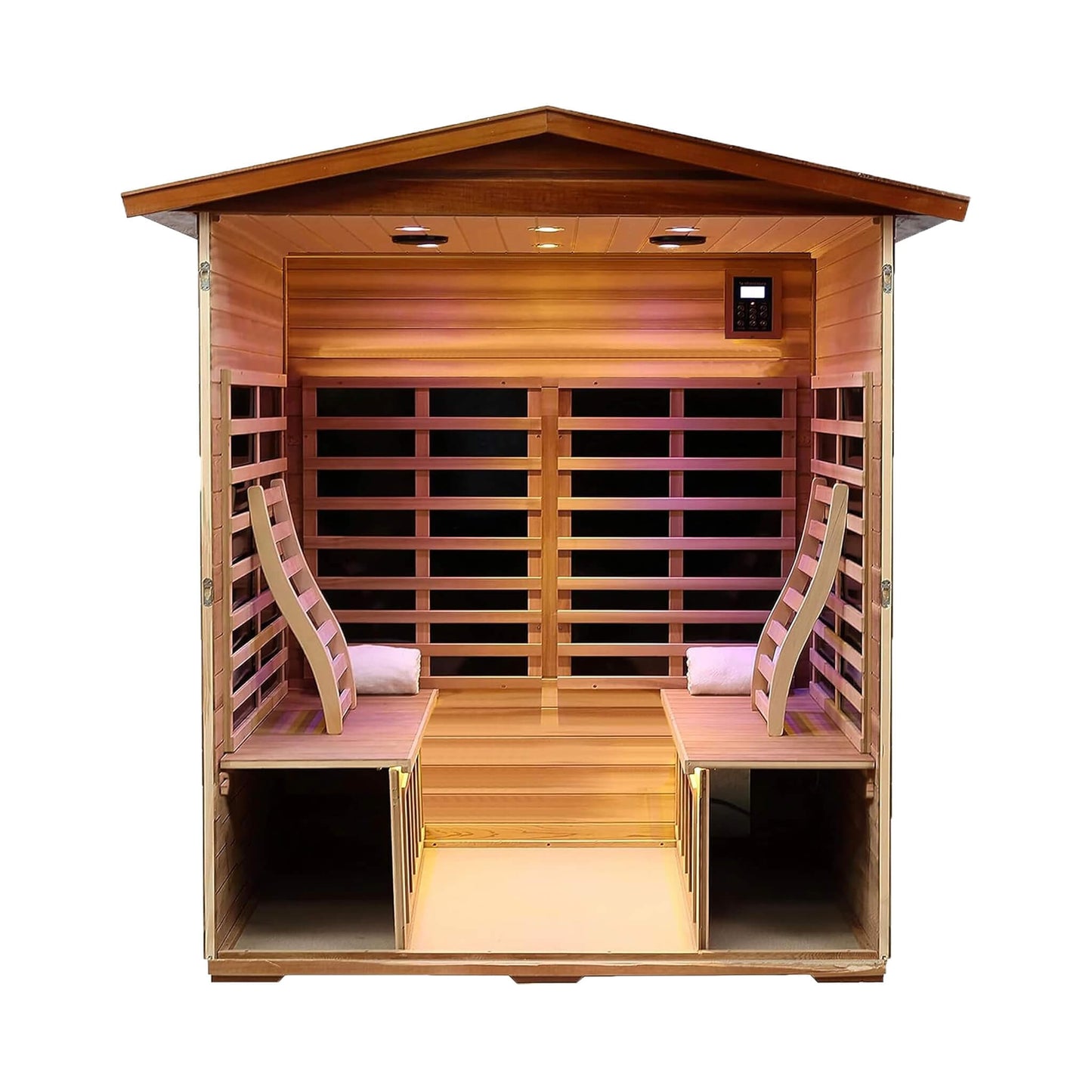 Thermora Deluxe 4-Person Outdoor Mahogany Full Spectrum Ultra-Low EMF FAR Infrared Sauna With Chromotherapy And Bluetooth Speakers (SAK98263)