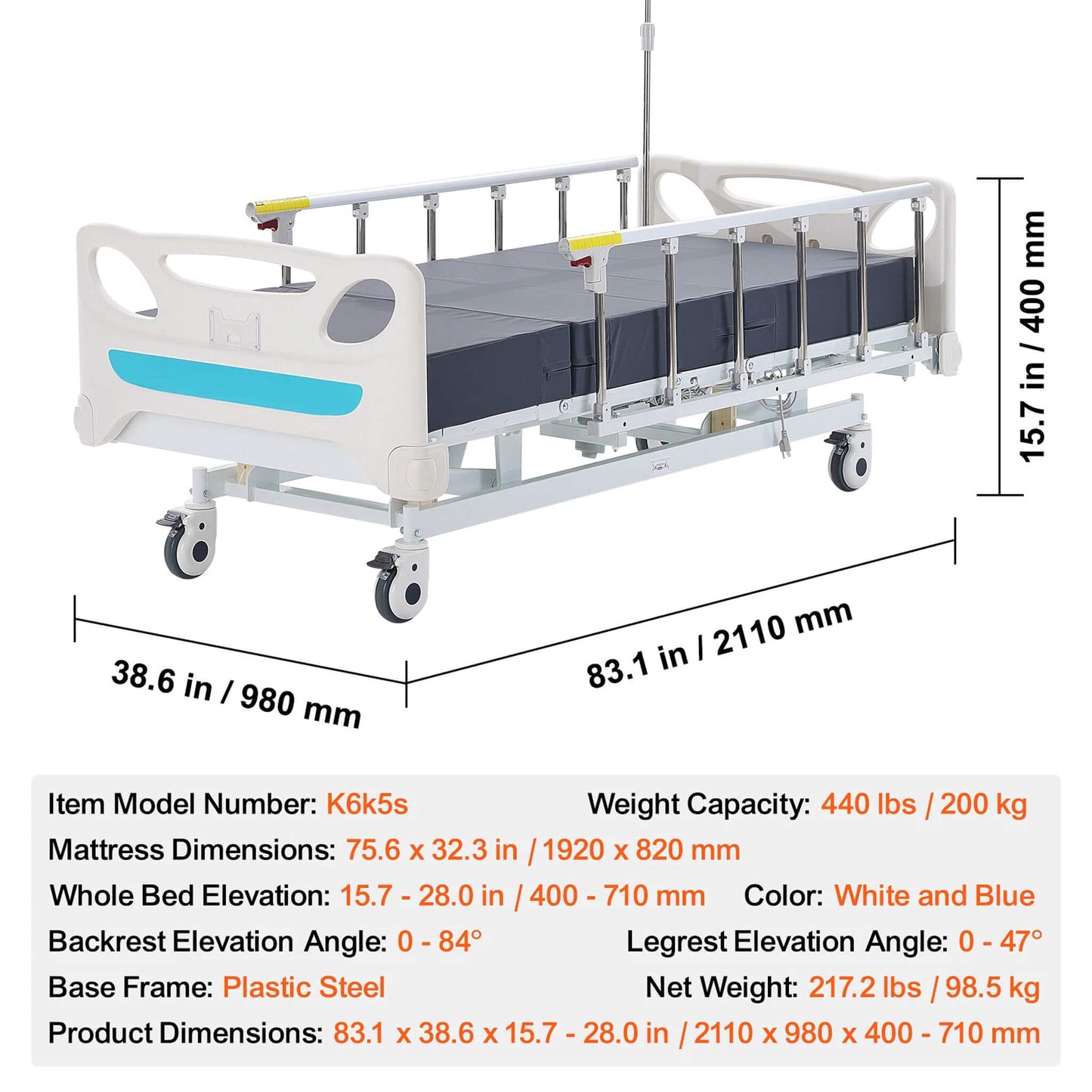Premium Full Electric 3-Function Medical ICU Hospital Bed, 440LBS (SAK15624)