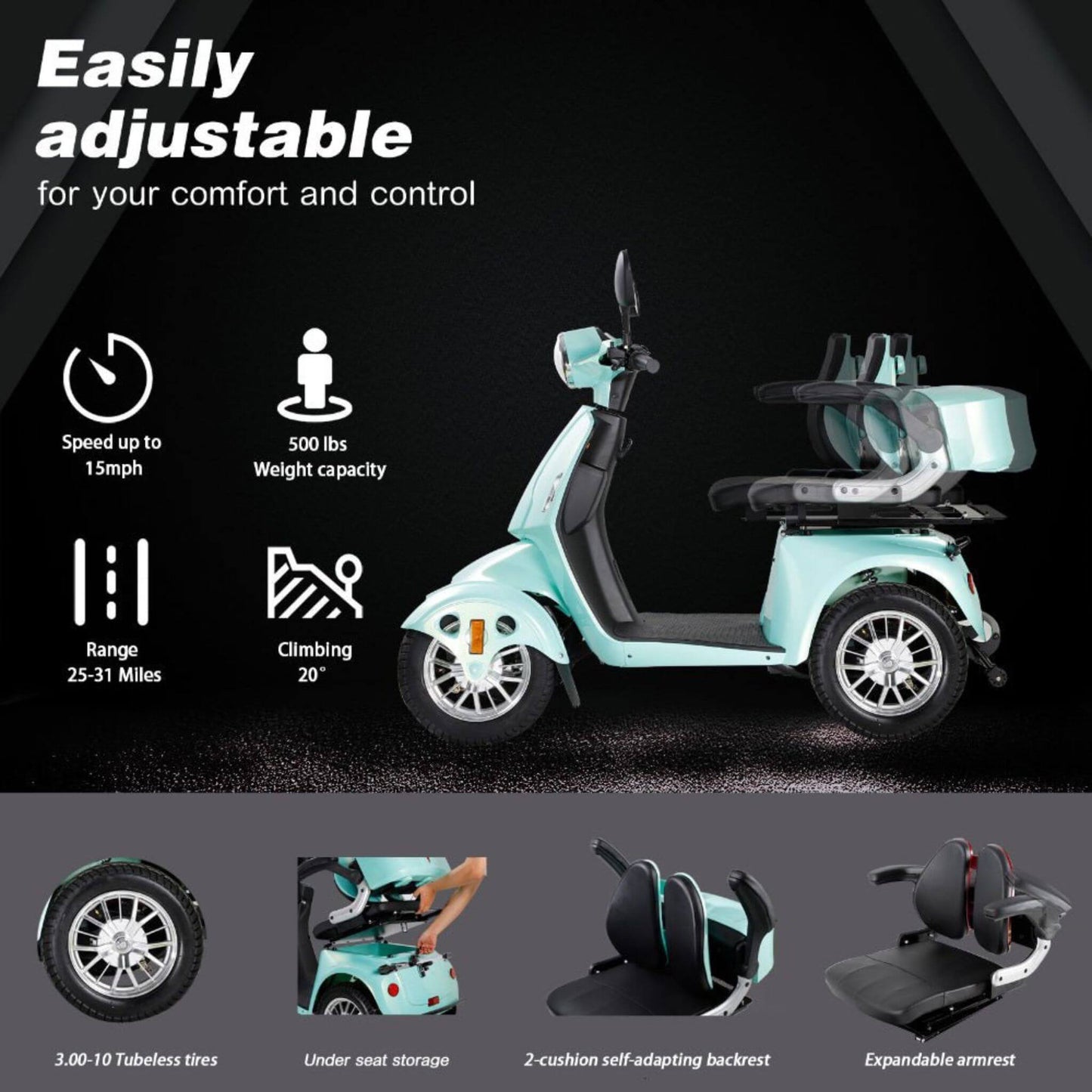 Zvg Heavy-Duty 800W 60V/20AH Four Wheel All-Terrain Travel Mobility Scooter For Adults And Seniors, 500LB (SAK97156)